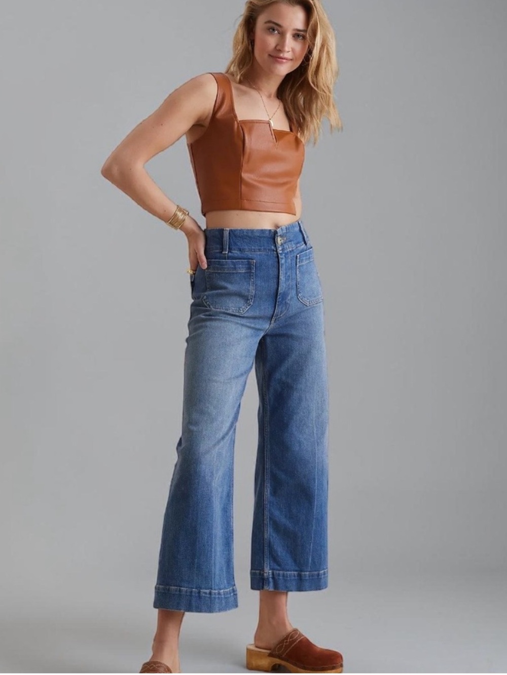 Anthropologie Pilcro The Skipper Denim Wide Leg Cropped Jeans 27 front pockets
